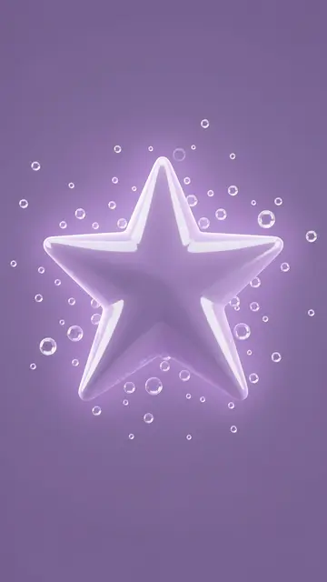 3D rendered glossy lavender five-pointed star with a soft glow surrounded by tiny clear bubbles on a solid purple background