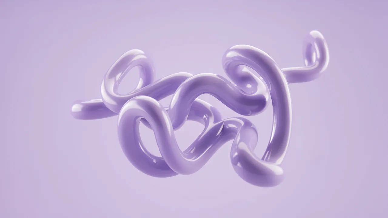 Shiny curled lavender tube shapes float against a soft pale lilac background