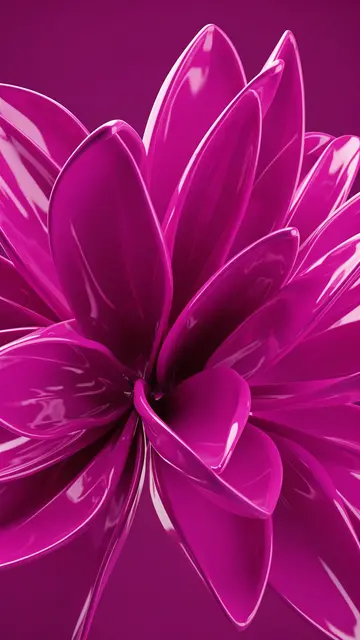 Vertical close-up of a glossy 3D magenta abstract flower against a matching solid background