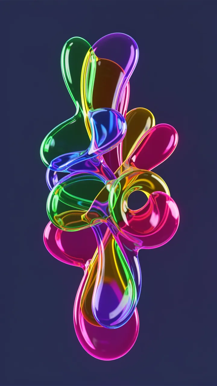 Vertical cluster of translucent glossy neon 3D liquid shapes against a dark navy background