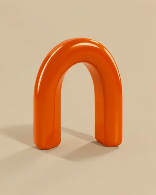 A smooth glossy orange 3D arch casts a soft shadow on a plain beige background