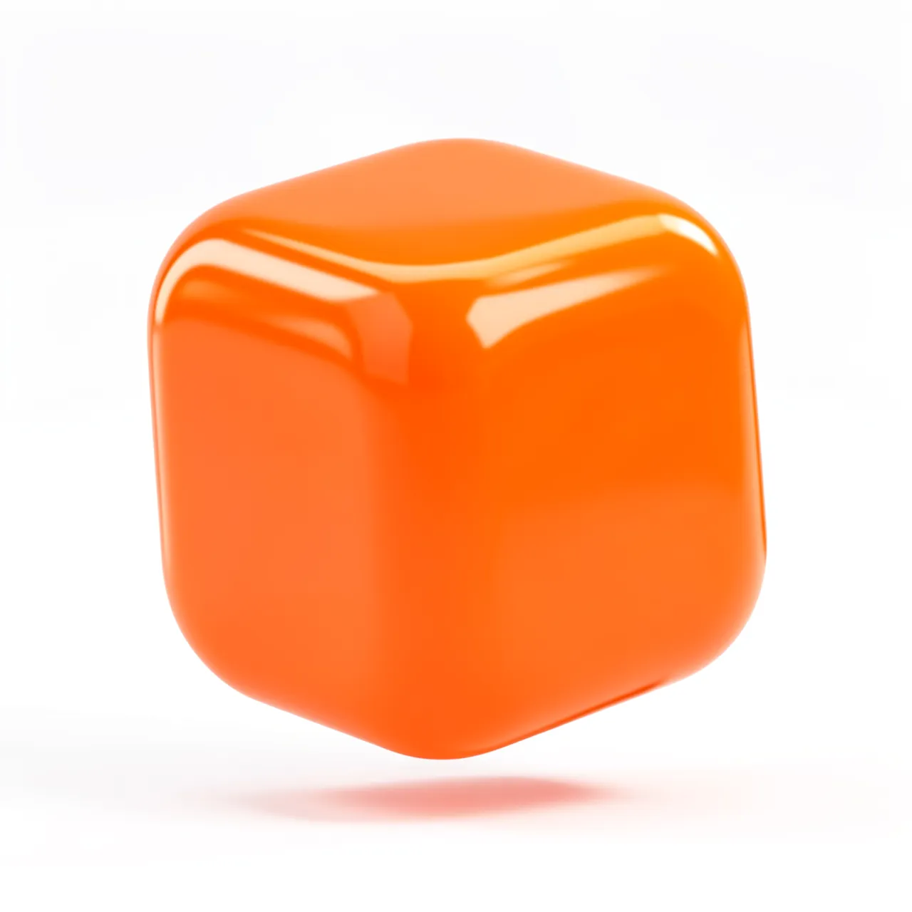 A glossy bright orange rounded squishy cube floats gently above a plain white background