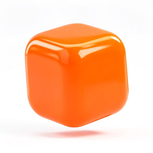 A glossy bright orange rounded squishy cube floats gently above a plain white background