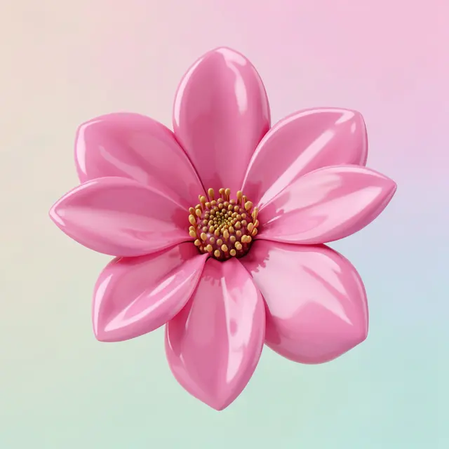 Shiny stylized pink flower rests against a soft gradient pastel background