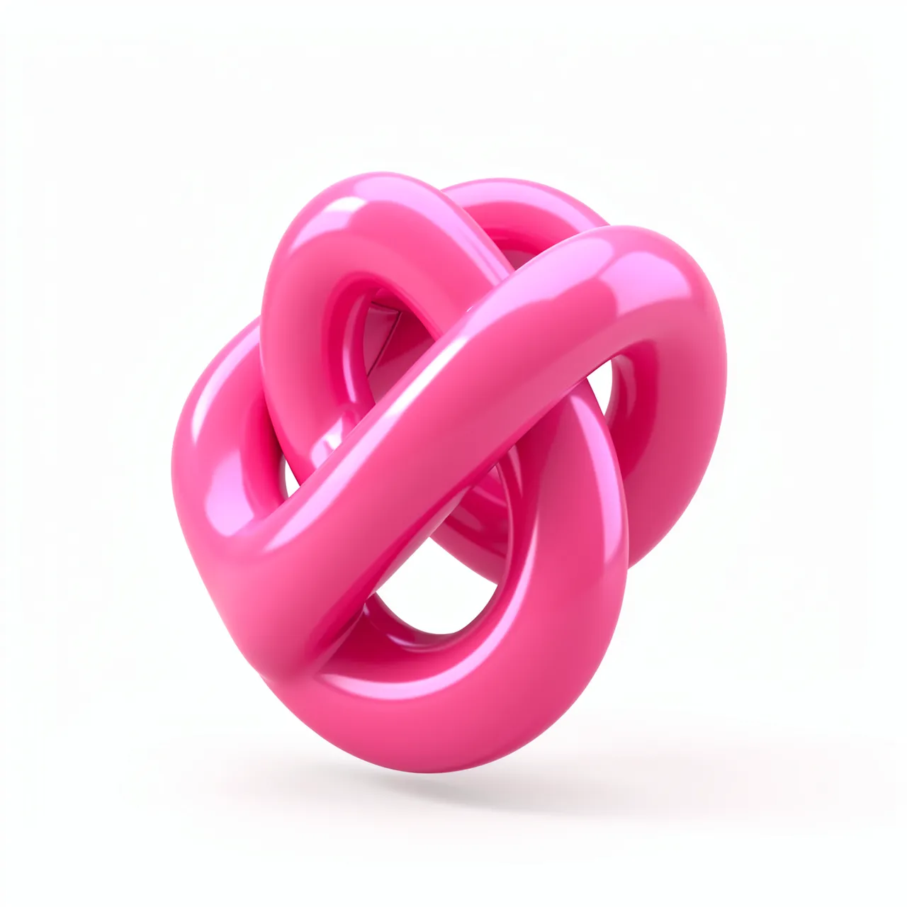 A smooth glossy bright pink abstract 3D knot floats against a plain white background