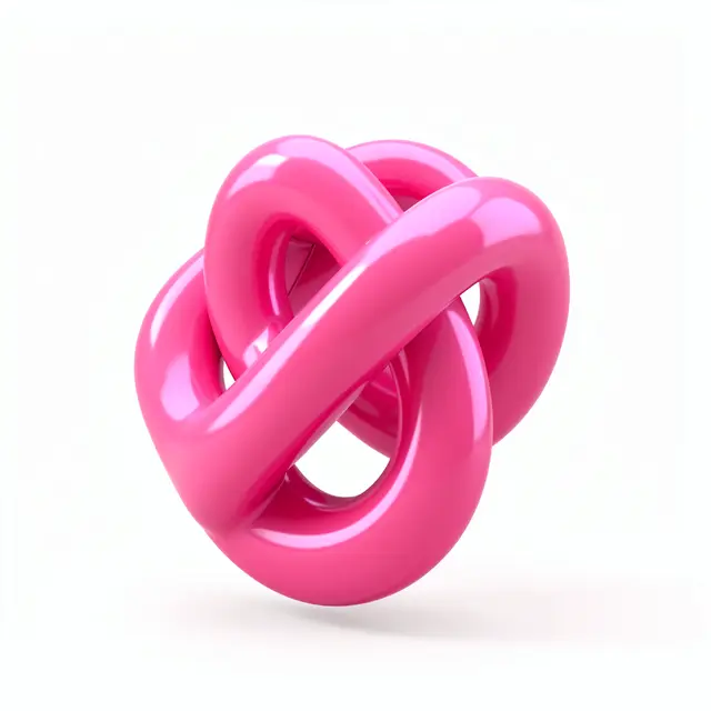 A smooth glossy bright pink abstract 3D knot floats against a plain white background