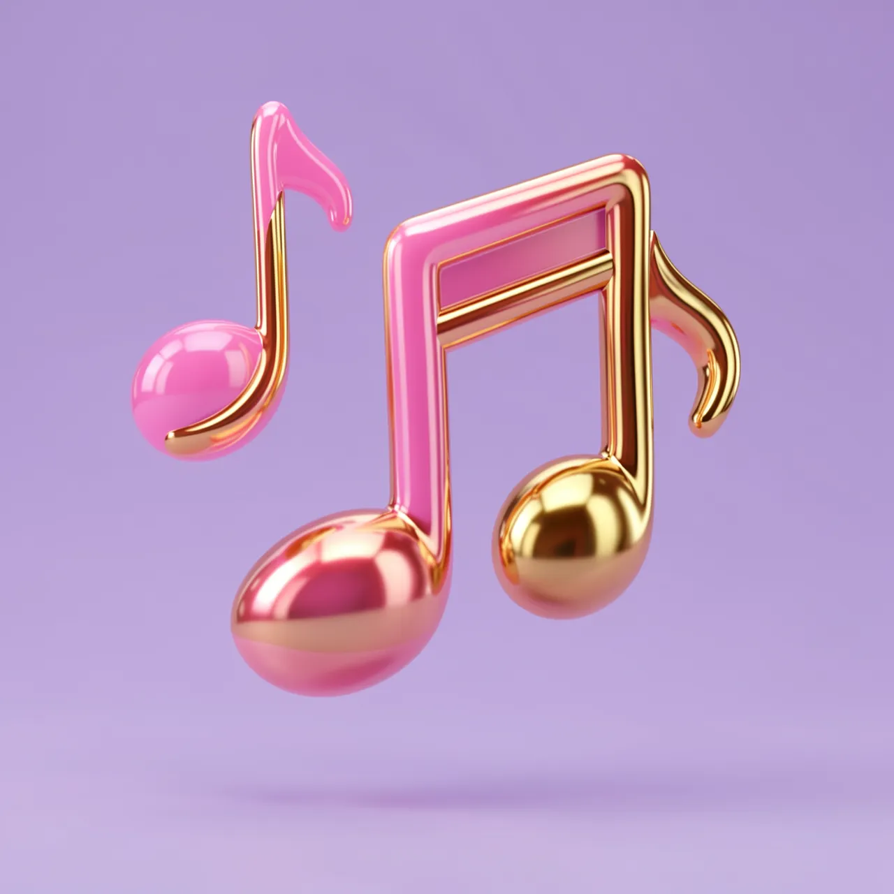 3D rendered glossy floating pink and gold music notes on a smooth lilac background