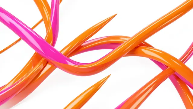 Weaving glossy pink and orange 3D ribbons curve across a plain bright white background