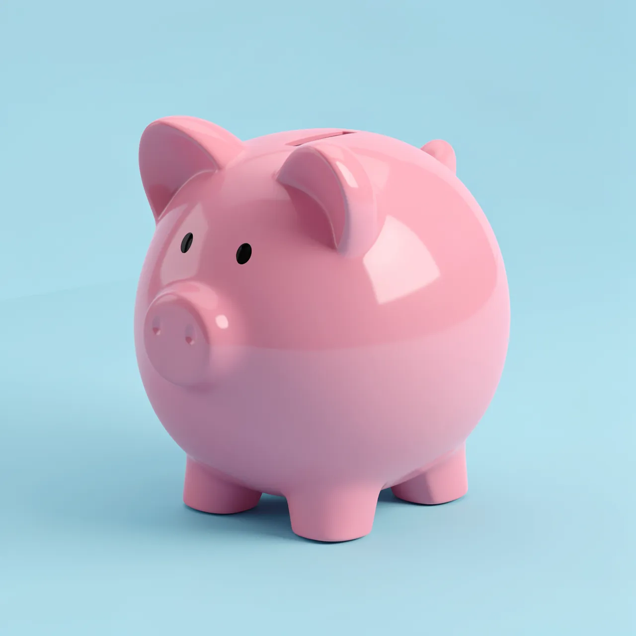 A glossy pink piggy bank sits against a soft pastel light blue background.