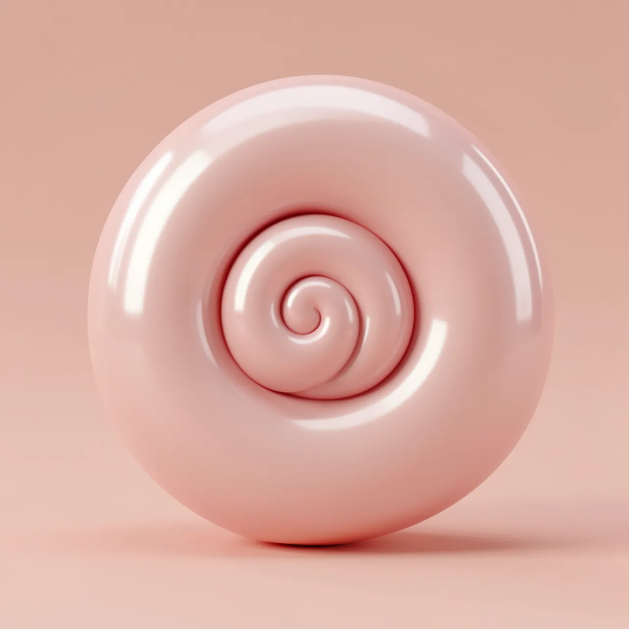 A smooth glossy pearly pink spiral form rests against a matching blush pink background
