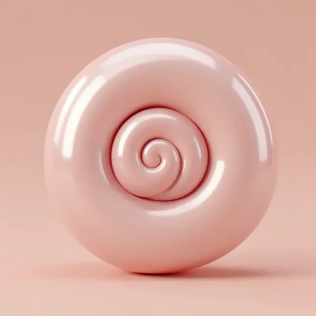 A smooth glossy pearly pink spiral form rests against a matching blush pink background