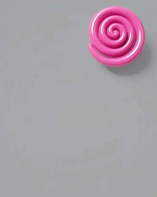 A glossy 3D pink spiral sits in the top right corner of a smooth soft gray background with empty copy space.