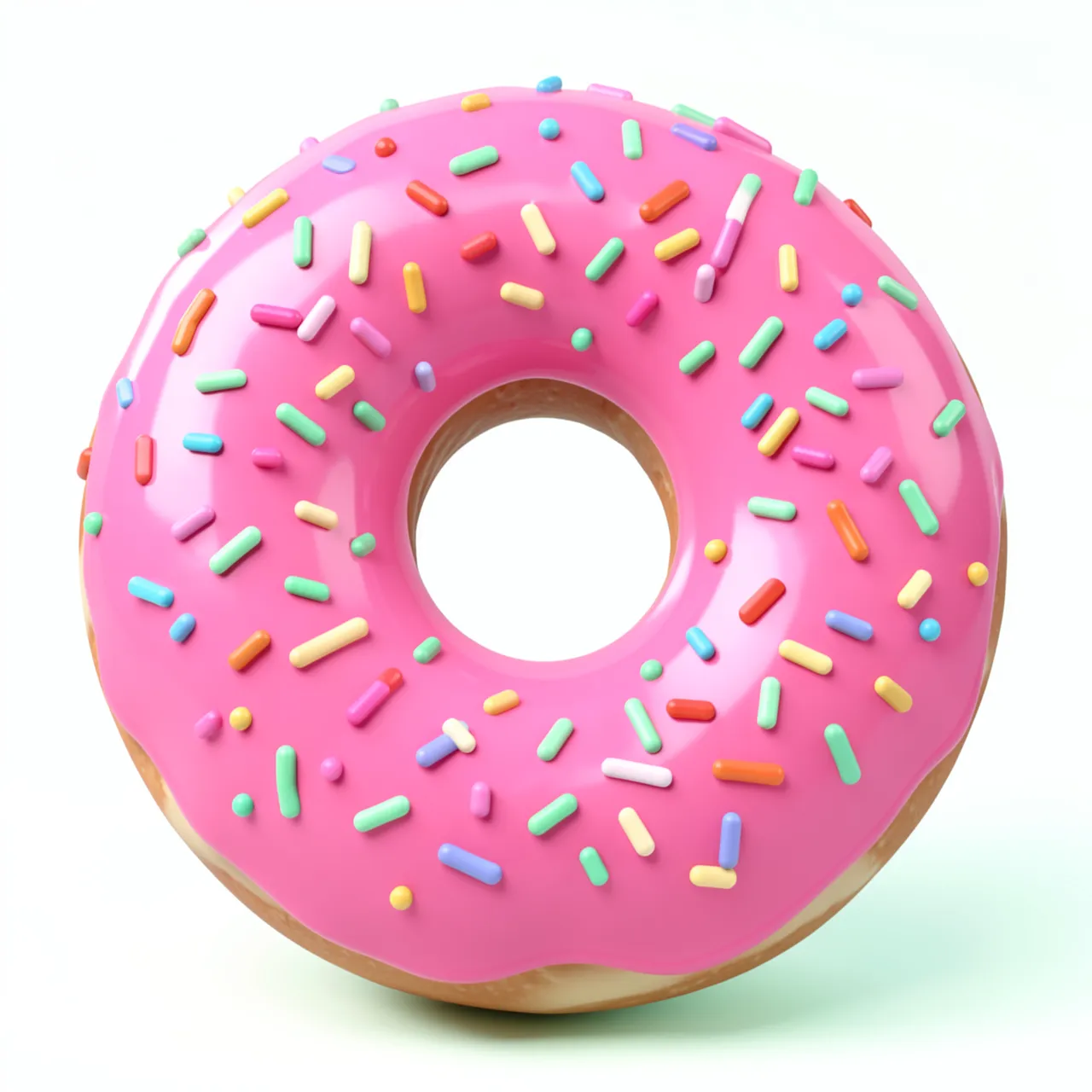 A 3D rendered donut covered in smooth pink icing and bright colorful sprinkles against a light background