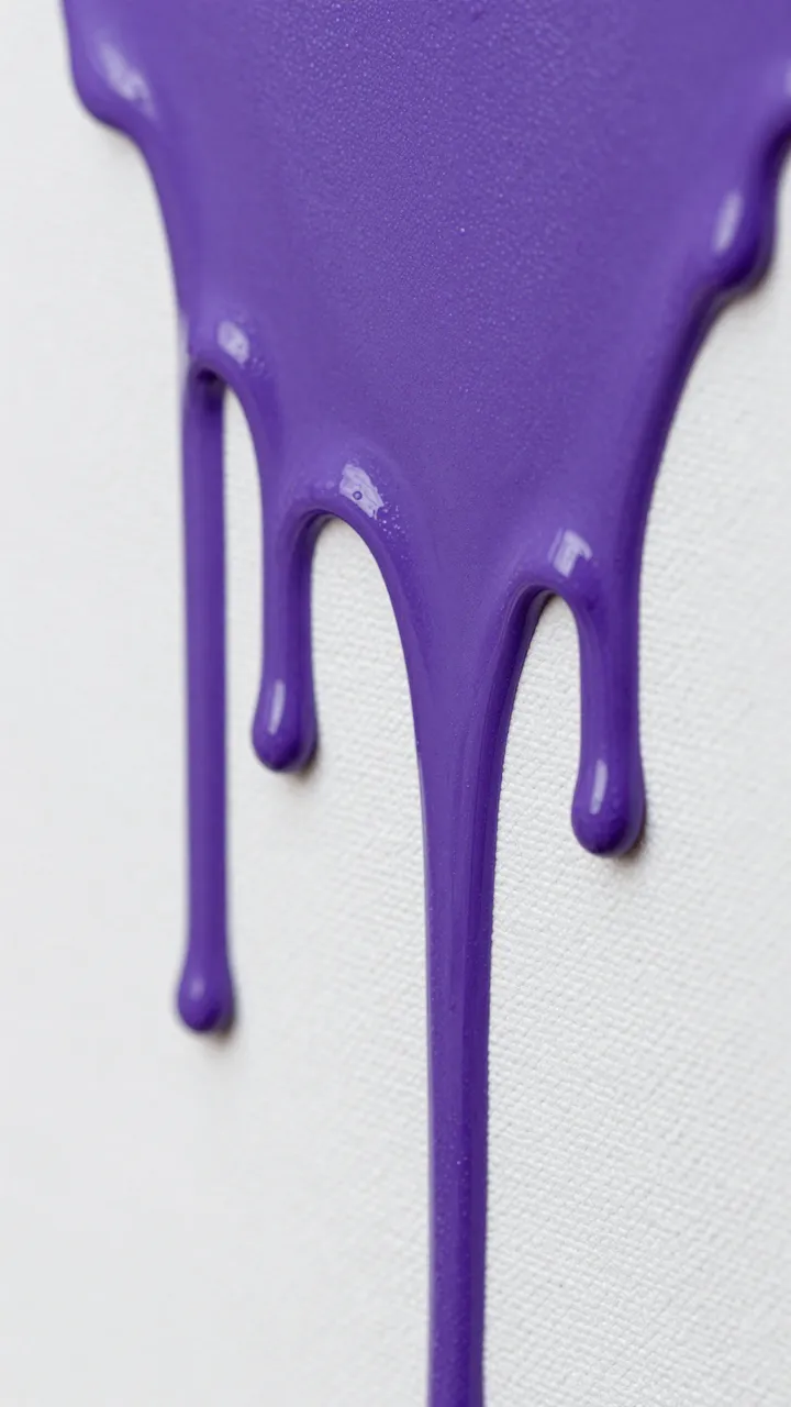 Close-up of thick glossy violet paint dripping down a textured white canvas surface