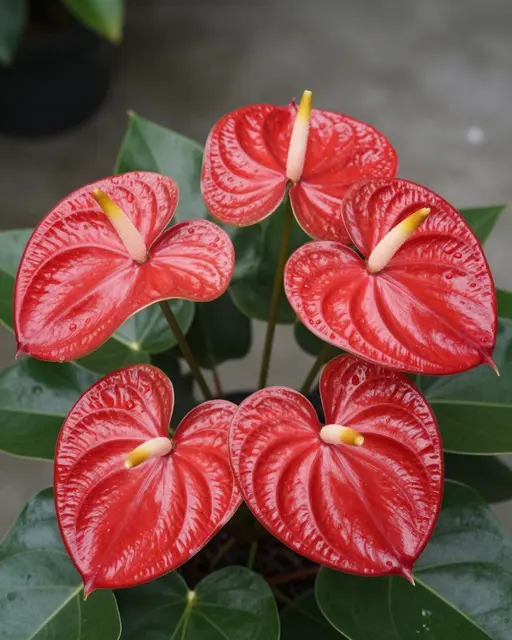 Close-up of vibrant glossy heart-shaped red anthurium flowers surrounded by dark green leaves with small water droplets