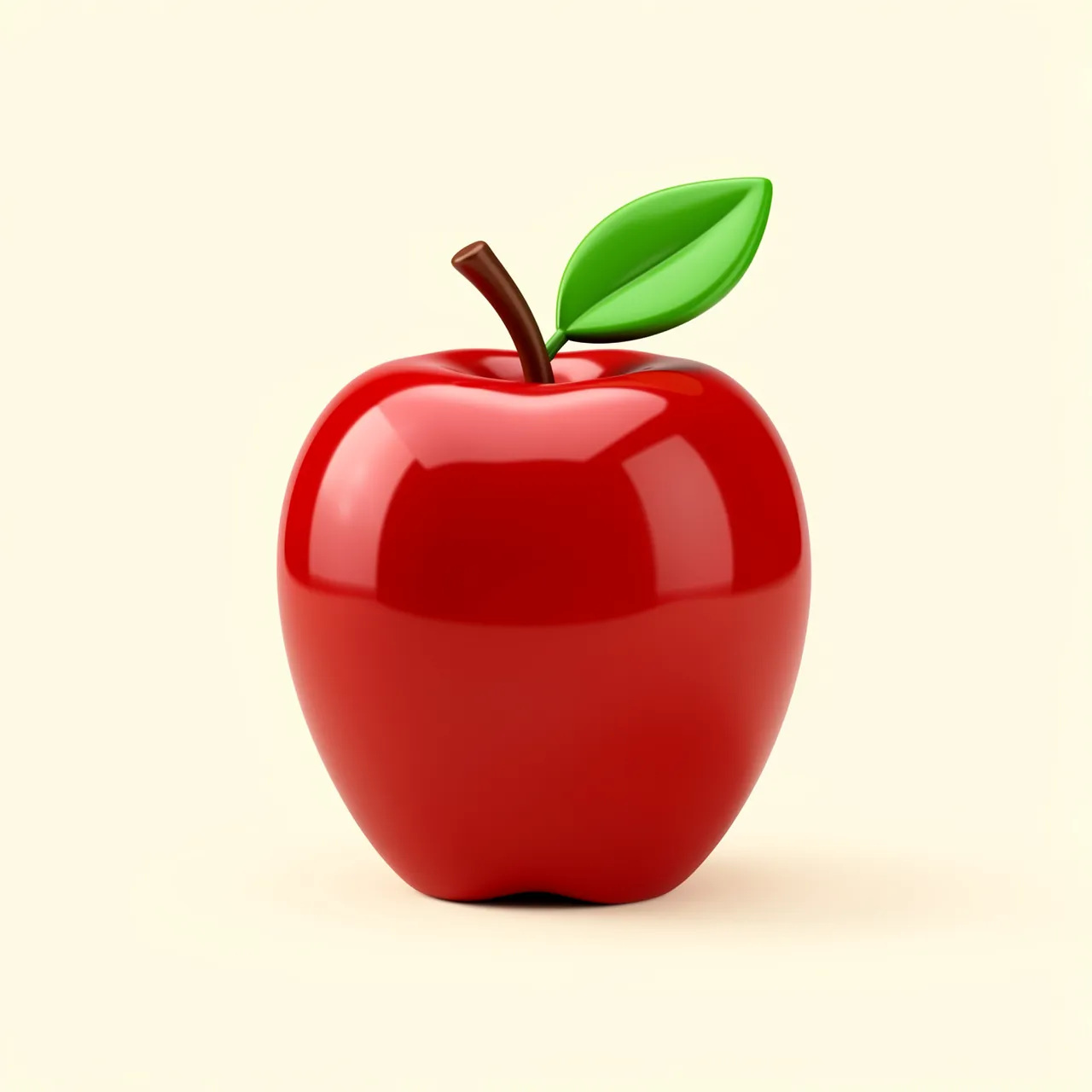 Shiny glossy red 3D apple with a single green leaf sits on a plain cream background