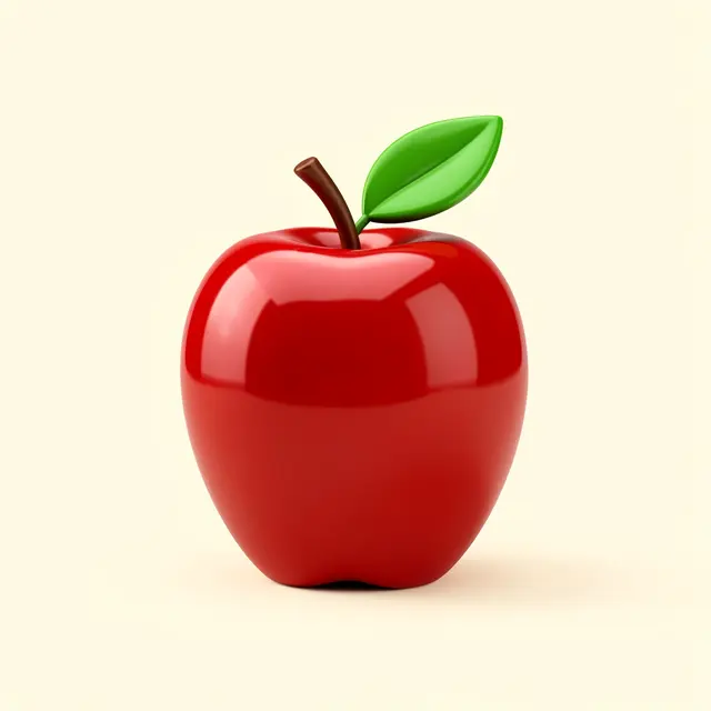 Shiny glossy red 3D apple with a single green leaf sits on a plain cream background