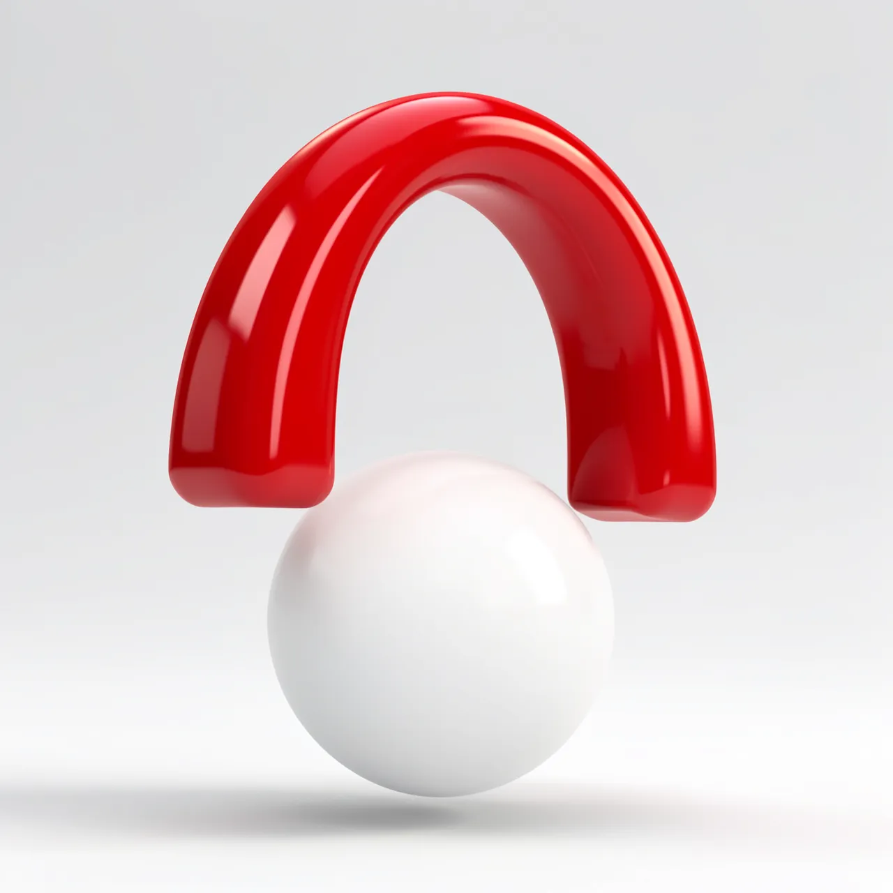 A glossy red curved 3D arch floats balanced above a smooth white sphere against a light gray background