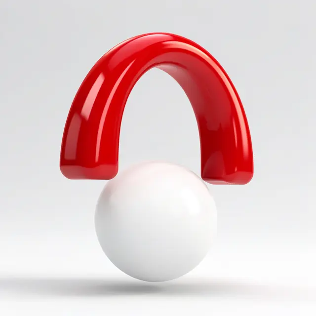 A glossy red curved 3D arch floats balanced above a smooth white sphere against a light gray background