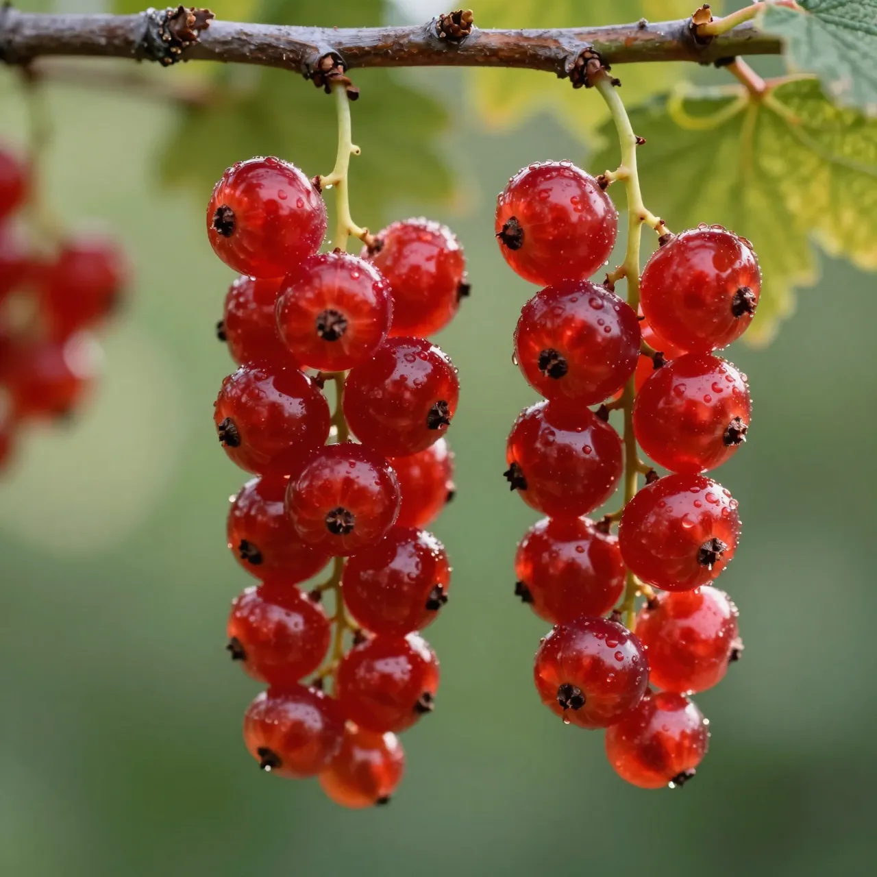 Macro shot of dewy red currant clusters hanging from a branch in soft morning light
