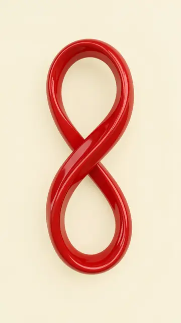 A smooth glossy red twisted loop shape sits centered on a soft cream background