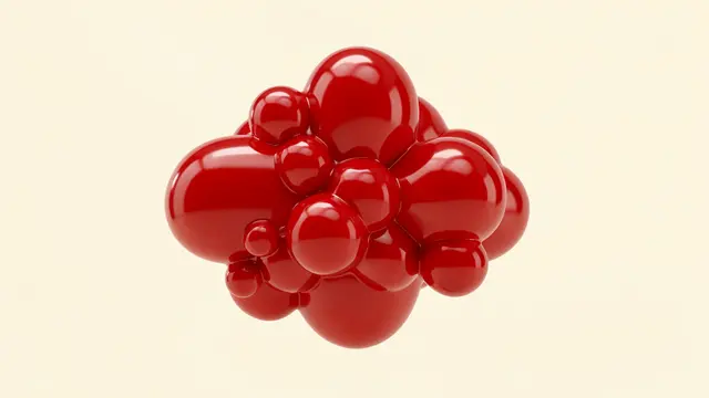 Glossy cherry red bubbly 3D blob shapes cluster against a plain cream background