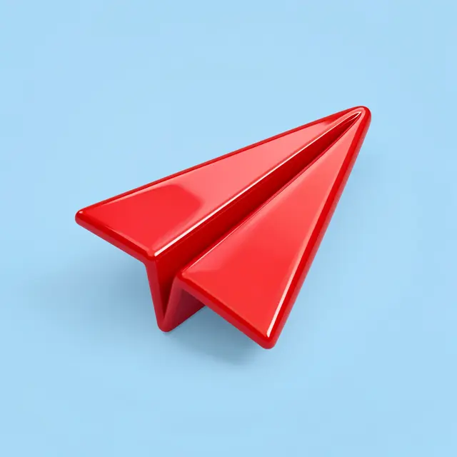 A glossy 3D red paper airplane rests against a soft light blue background