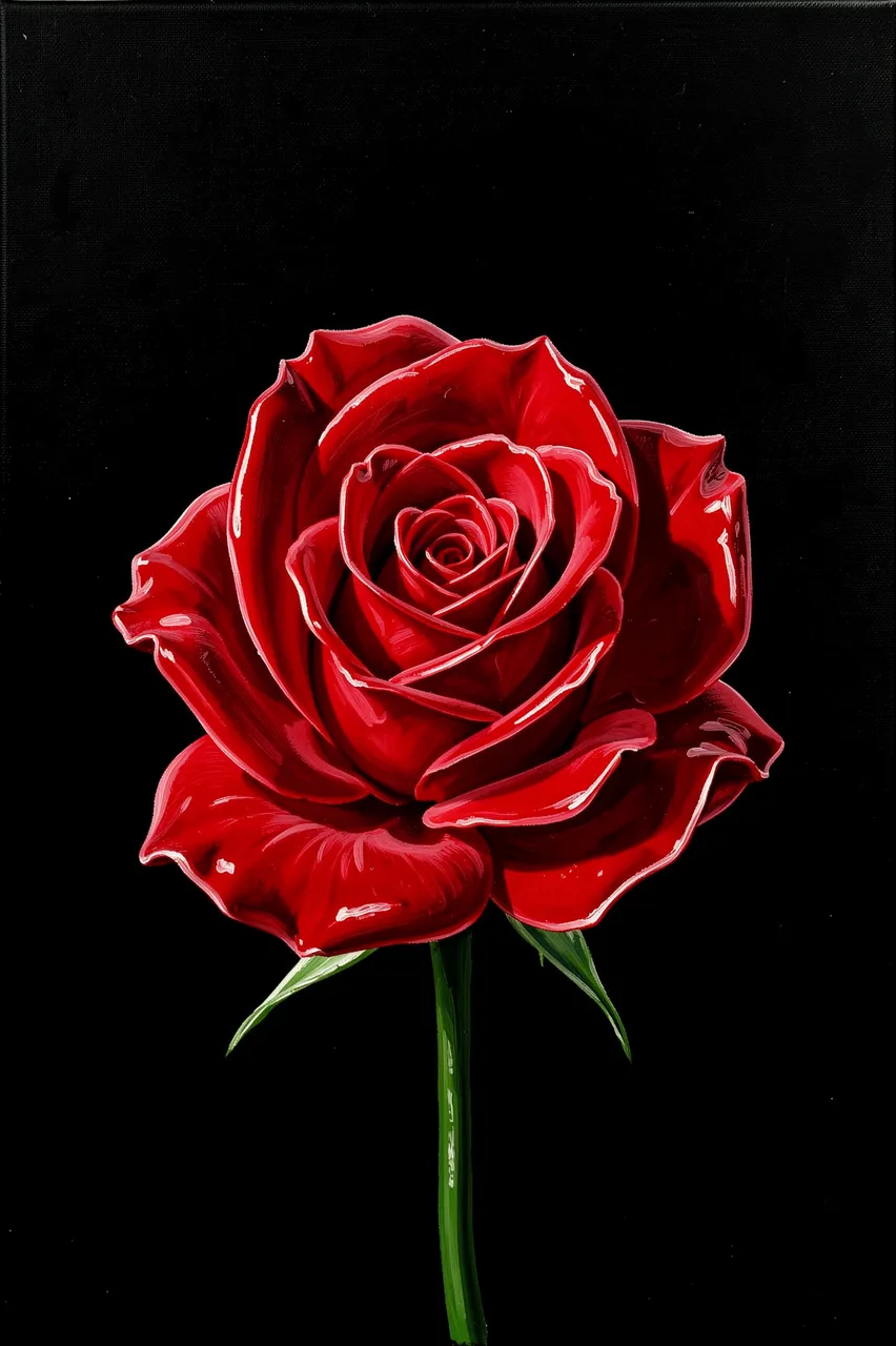 Acrylic painting of a single glossy red rose set against a solid black background