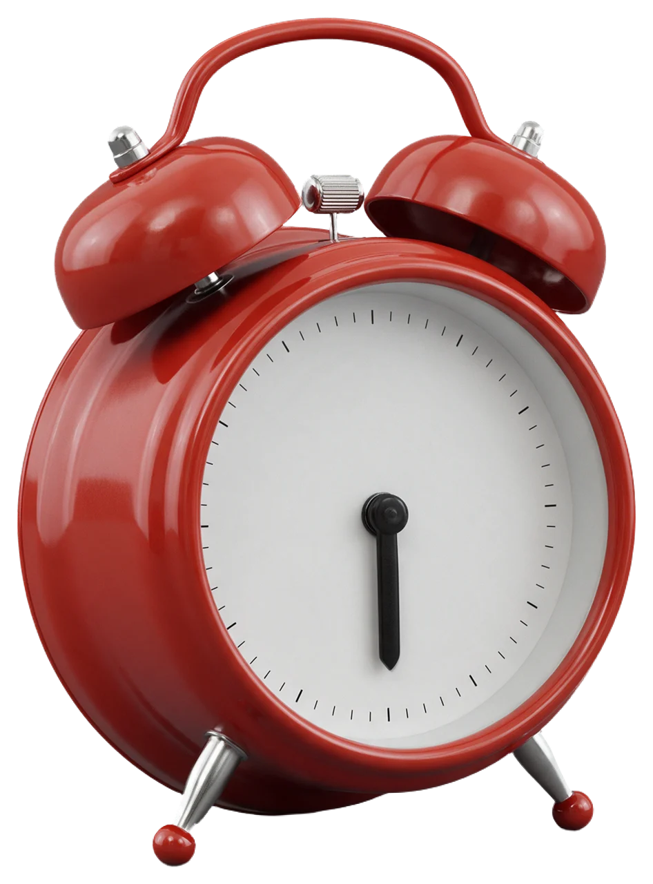 Red twin bell alarm clock with plain white dial showing 6 o'clock standing on metal feet