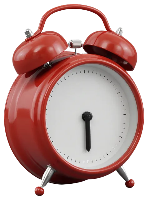 Red twin bell alarm clock with plain white dial showing 6 o'clock standing on metal feet
