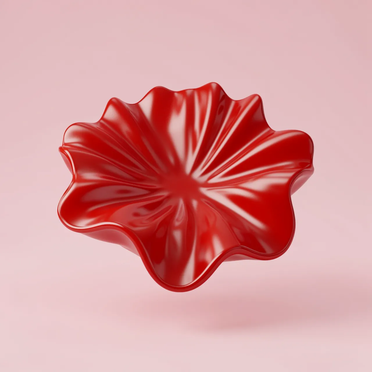 A glossy wavy petal-shaped red 3D form floats above a soft pale pink background.