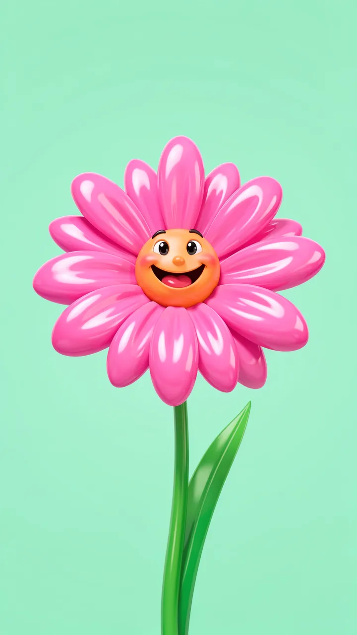 A 3D glossy cartoon smiling pink flower sits against a solid mint green background