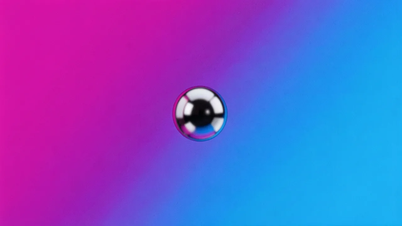 A glossy chrome sphere floats centered over a magenta to electric blue grainy gradient background