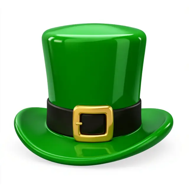 A glossy 3D green leprechaun top hat with a gold buckle against a plain white background