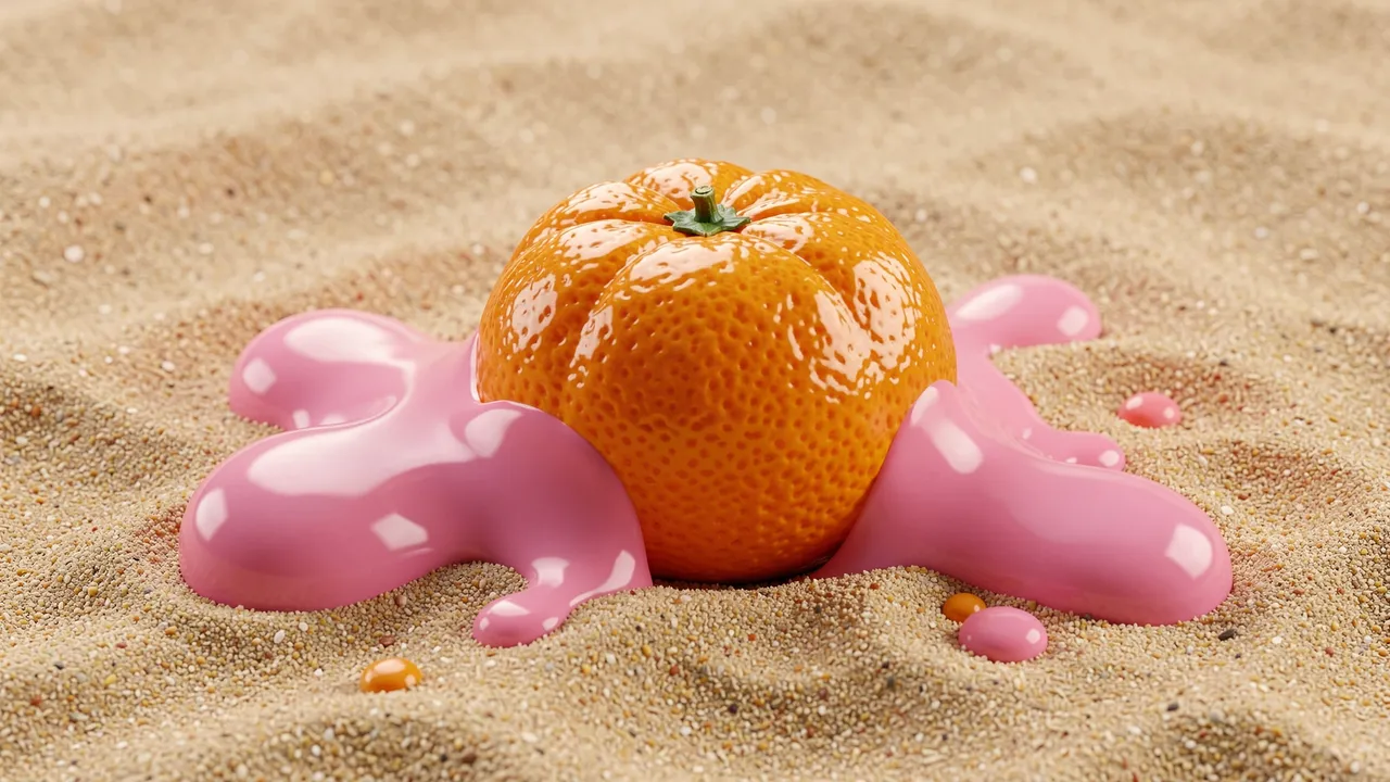 A glossy tangerine rests surrounded by smooth pink liquid blobs on fine light brown sand