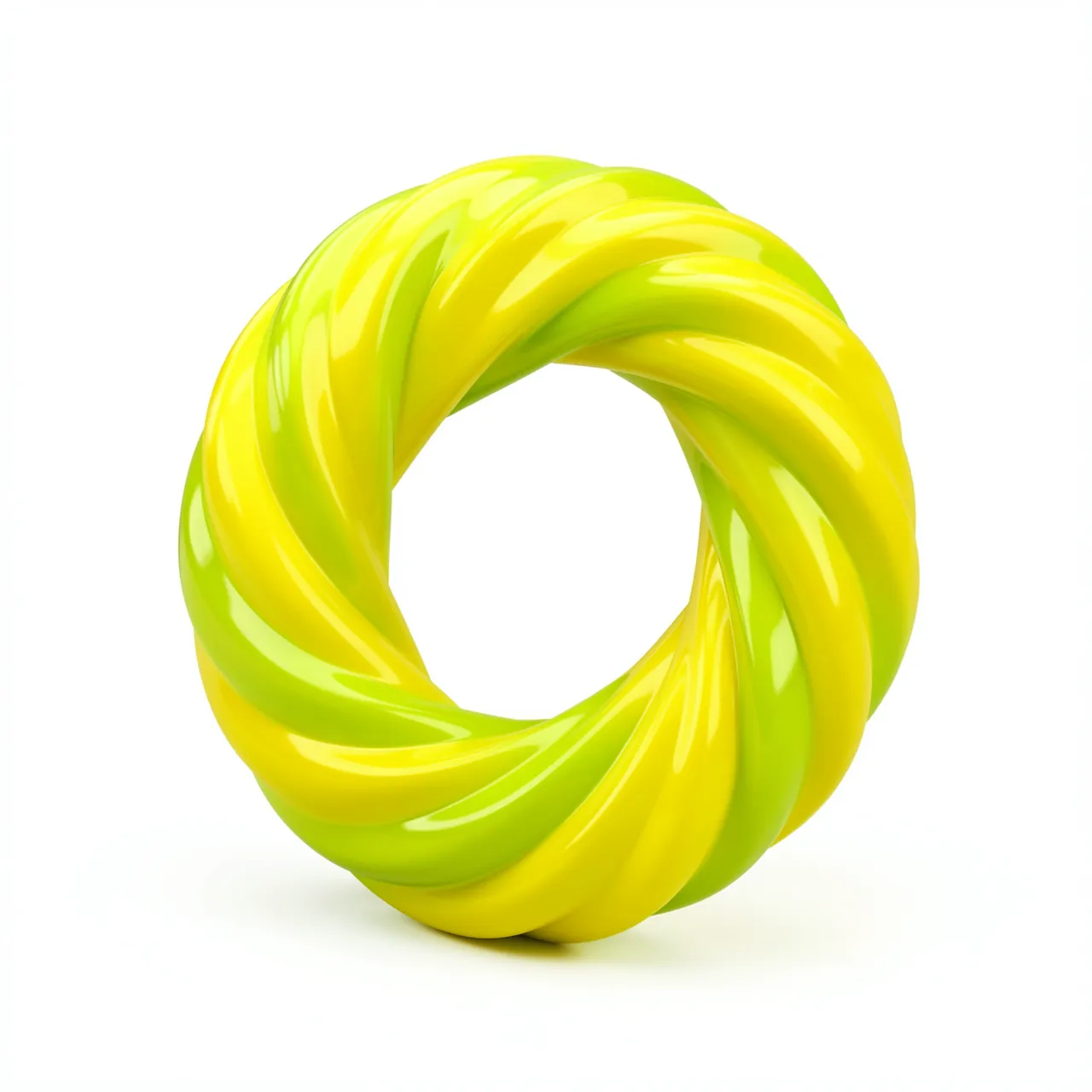 A glossy twisted 3D loop in lime and lemon yellow sits against a plain white background.