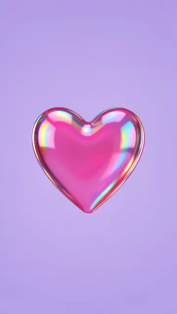 A glossy iridescent pink heart bubble floats against a soft solid lilac background