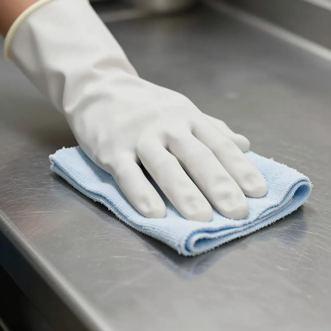 A gloved hand presses a microfiber cloth to wipe a stainless steel kitchen countertop.