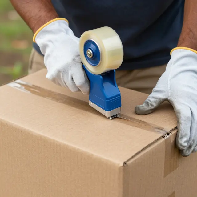 Gloved worker hands use a tape dispenser to seal a plain cardboard shipping box.
