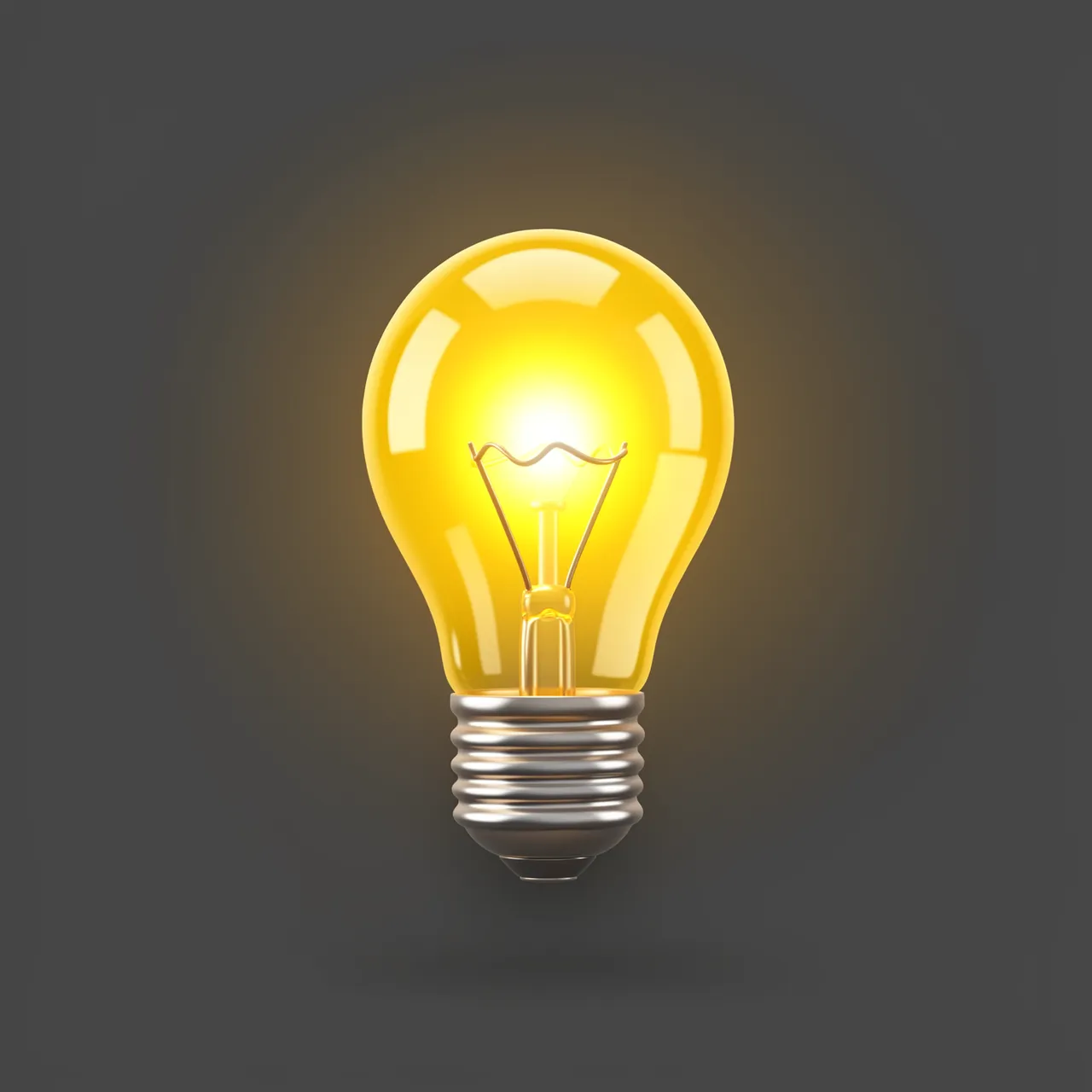 Glossy glowing warm yellow light bulb centered against a smooth dark charcoal background