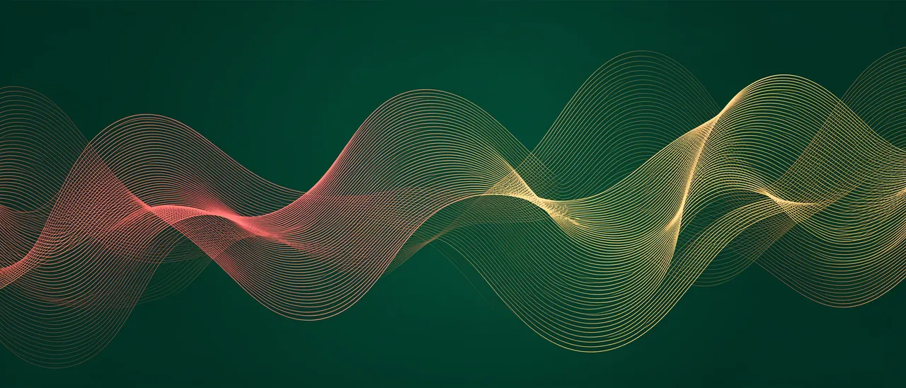 Undulating fine glowing coral and gold lines flow across a deep emerald green background