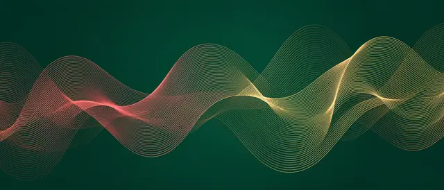 Undulating fine glowing coral and gold lines flow across a deep emerald green background