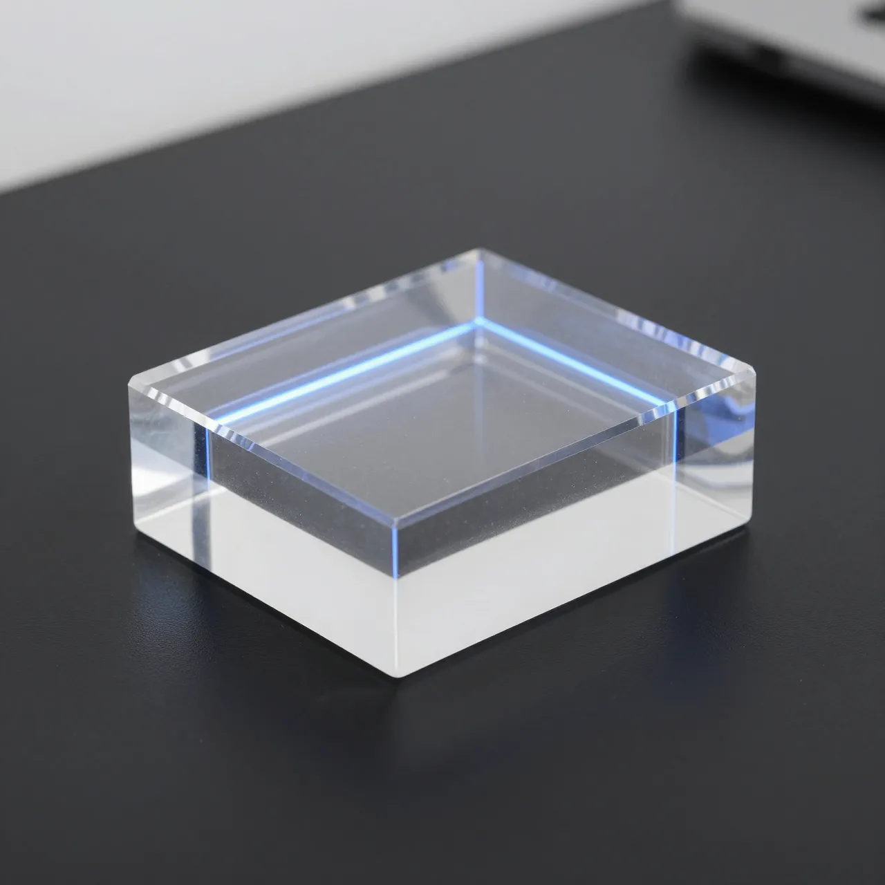 A clear acrylic block with an embedded glowing blue line rests on a matte black desk