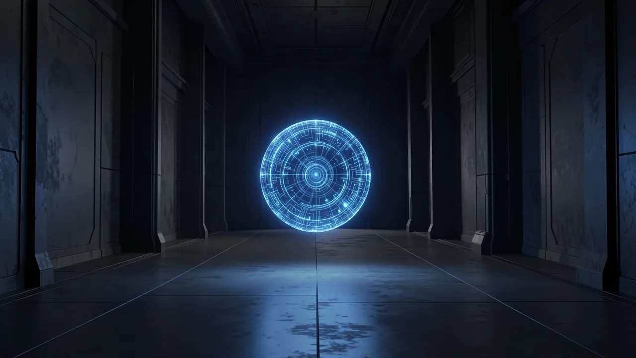 A luminous circular blue energy sphere floats at the end of a dark futuristic corridor