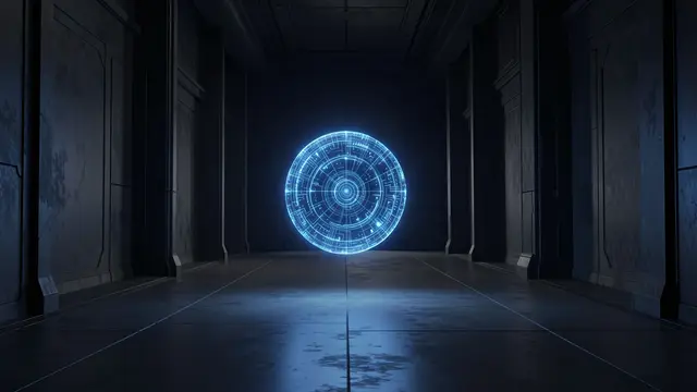 A luminous circular blue energy sphere floats at the end of a dark futuristic corridor