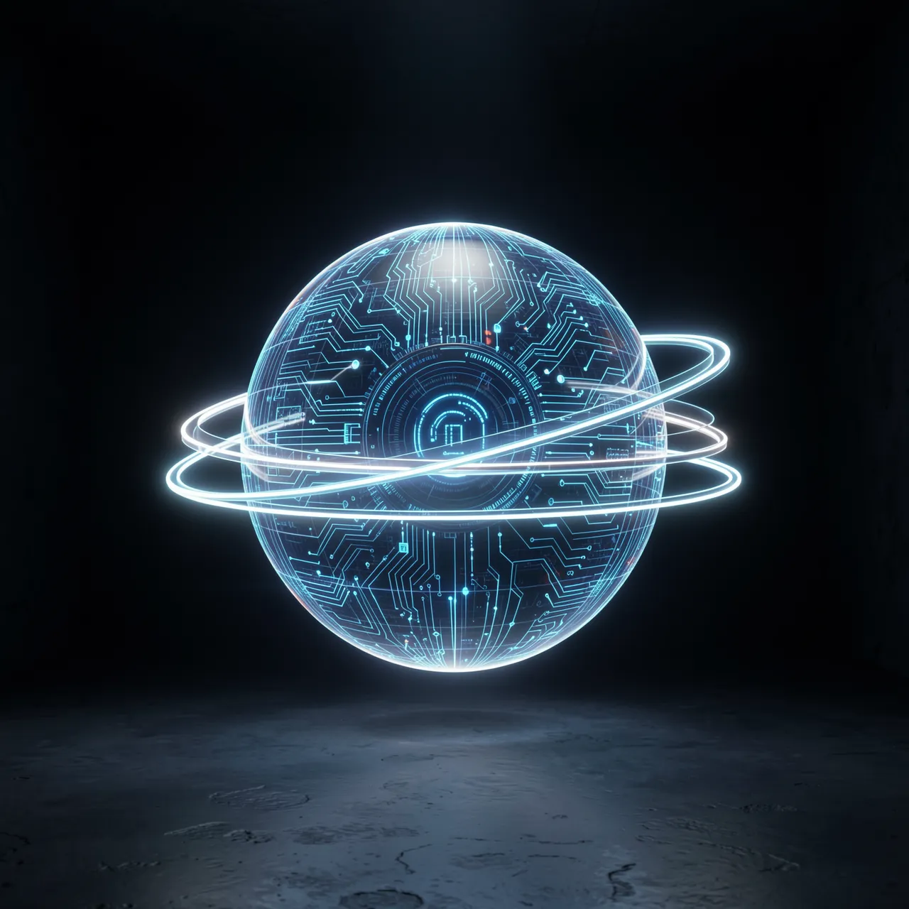 A holographic circuit sphere with glowing orbiting rings hovers in a dark empty room