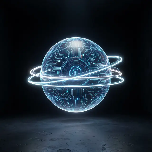 A holographic circuit sphere with glowing orbiting rings hovers in a dark empty room