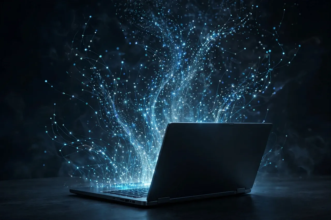 An open laptop viewed from behind emits swirling glowing blue light particles above a dark desk