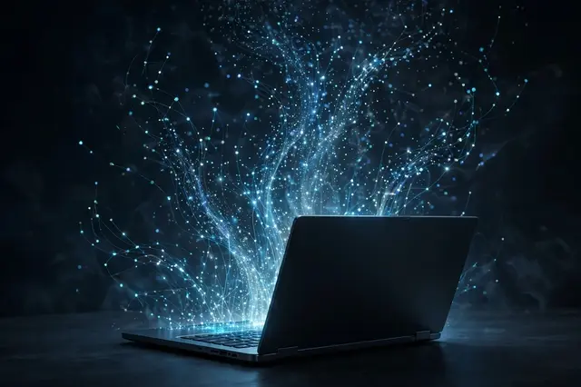 An open laptop viewed from behind emits swirling glowing blue light particles above a dark desk
