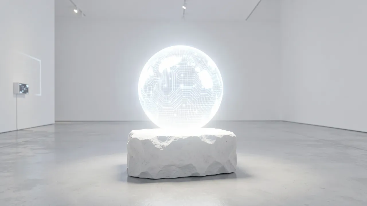 A luminous wireframe sphere rests on a rough white stone pedestal in a bright empty minimalist gallery.